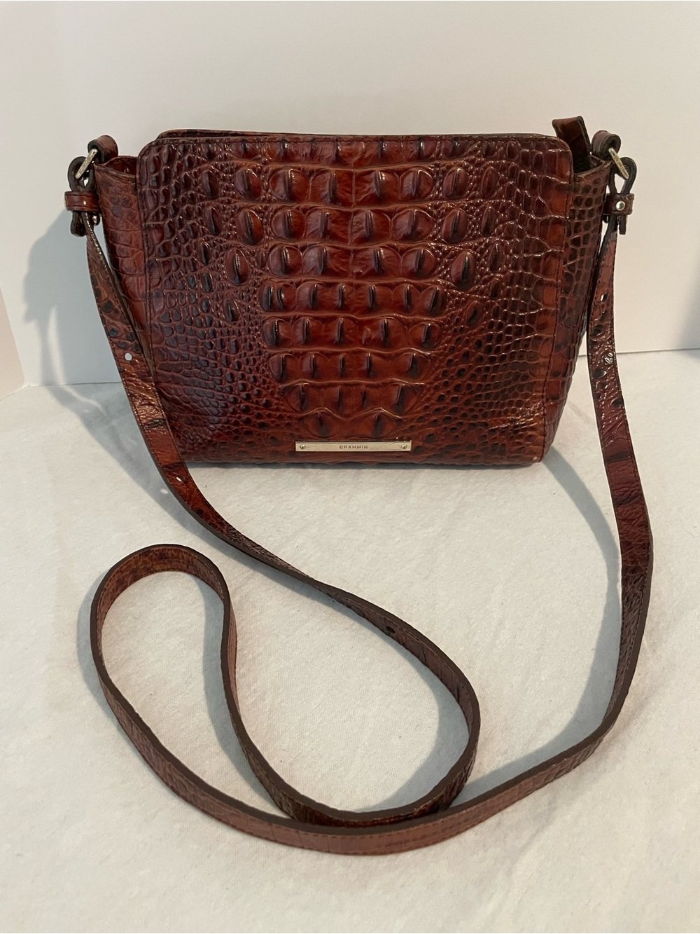 Brahmin Brown Crocodile Pattern Crossbody Bag Zip, Adjustable Strap, Dust Bag